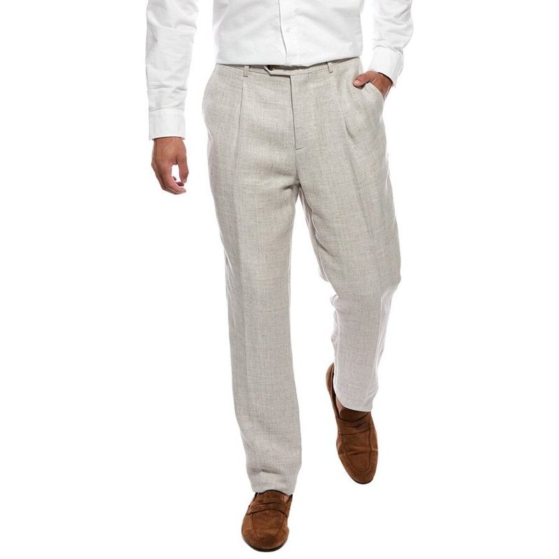 Brunello Cucinelli Beige Linen Wool Tailored Trousers_Beige