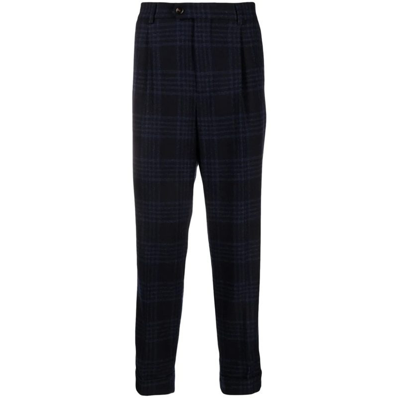Brunello Cucinelli Navy Plaid Tailored Trousers_Navy