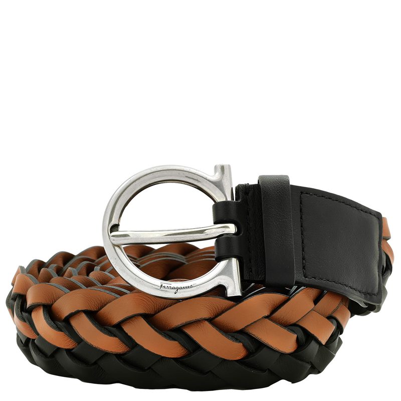 Braided Two-Tone Calfskin Gancini Belt_Black
