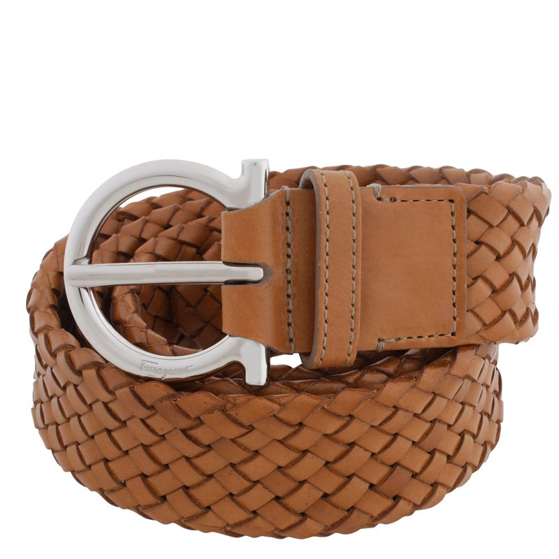 Braided Leather Gancini Fixed Belt_Beige/White