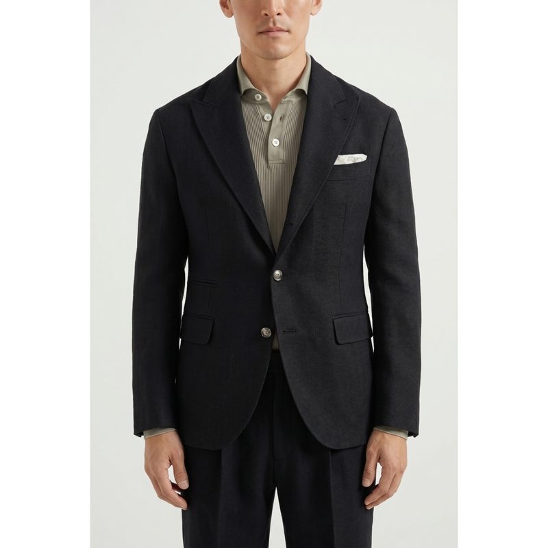 Brunello Cucinelli Black Linen Wool Tailored Blazer_Black