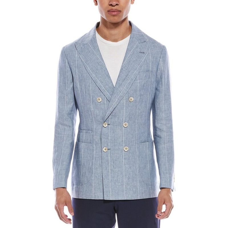 Brunello Cucinelli Celeste Linen Double Breasted Blazer_Blue