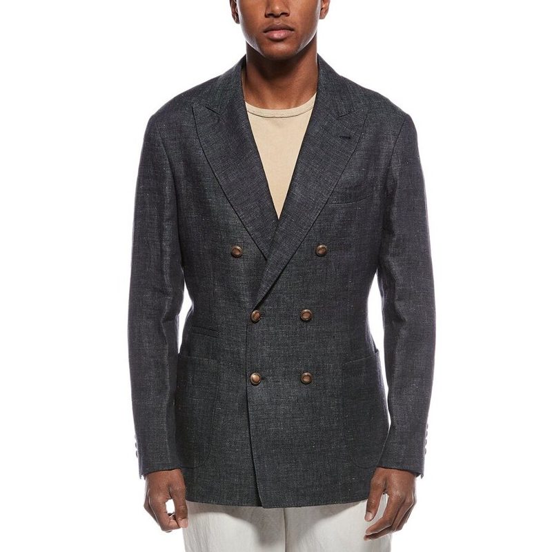 Brunello Cucinelli Dark Grey Linen Double Breasted Blazer_Grey