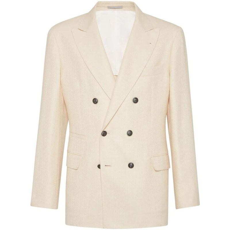 Brunello Cucinelli Cream Wool Silk Linen Double Breasted Blazer_Beige