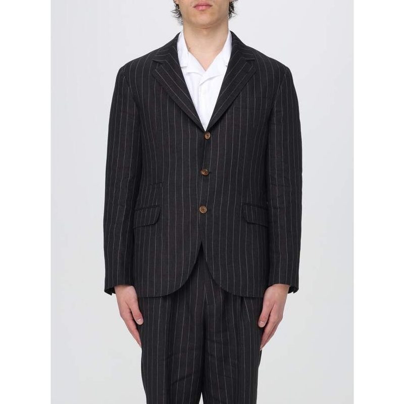 Brunello Cucinelli Black Linen Pinstripe Blazer_Black
