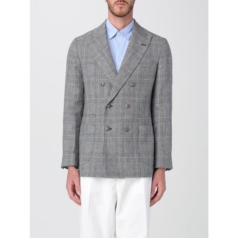 Brunello Cucinelli Gray Plaid Double-Breasted Blazer_Grey