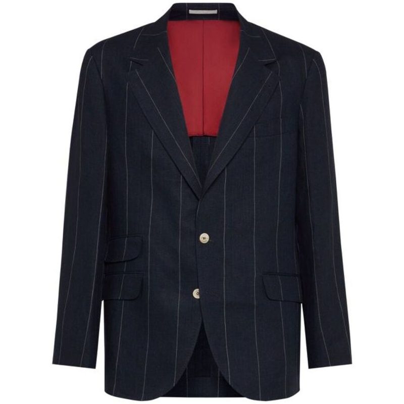 Brunello Cucinelli Navy Linen Pinstripe Blazer_Navy