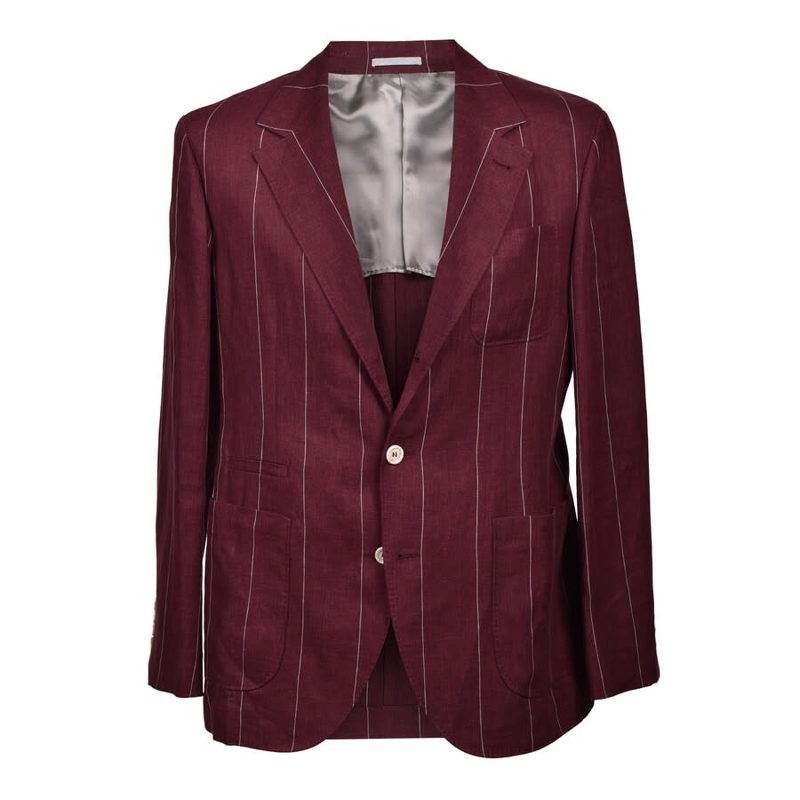 Brunello Cucinelli Red Linen Striped Suit Blazer_Red