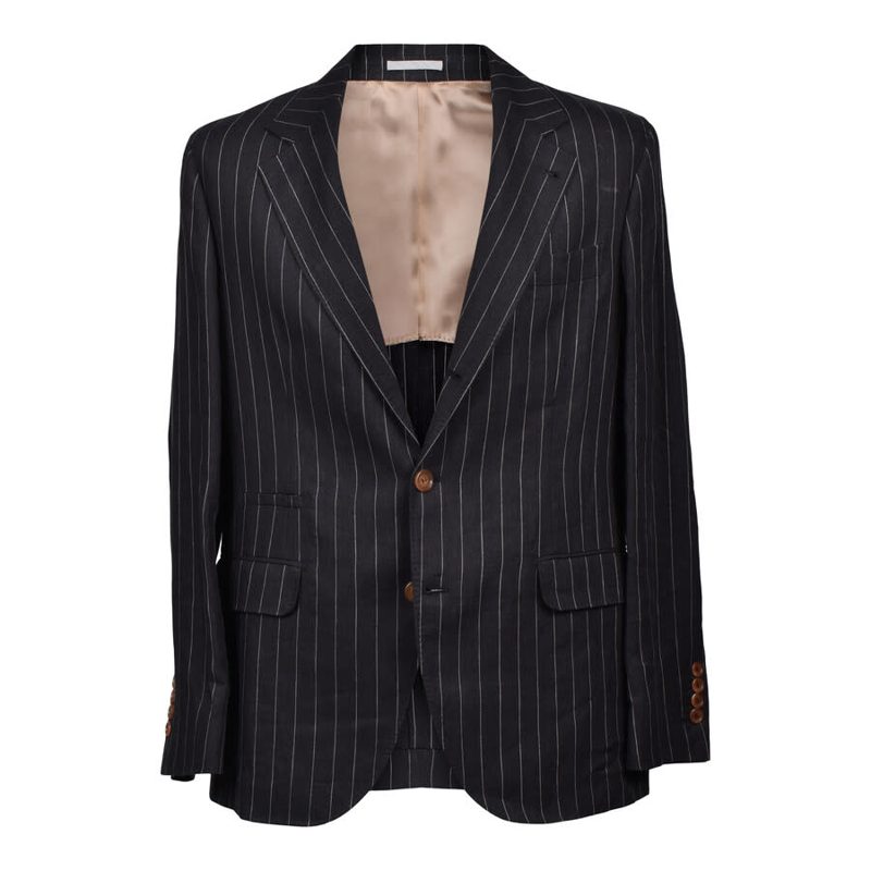 Brunello Cucinelli Black Linen Striped Suit Jacket_Black
