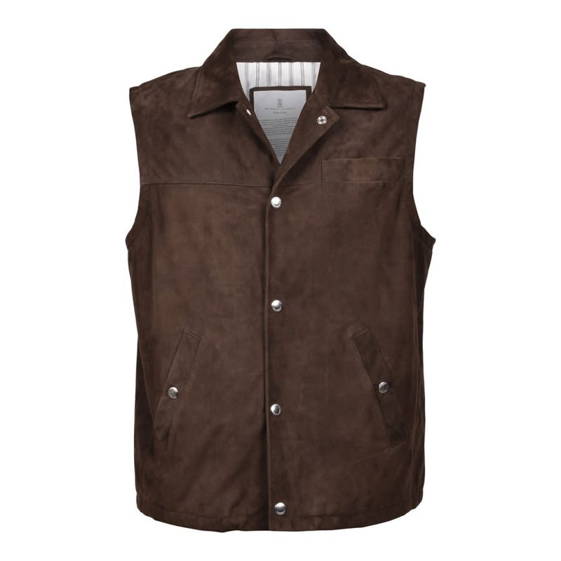 Brunello Cucinelli Brown Suede Sleeveless Jacket_Brown