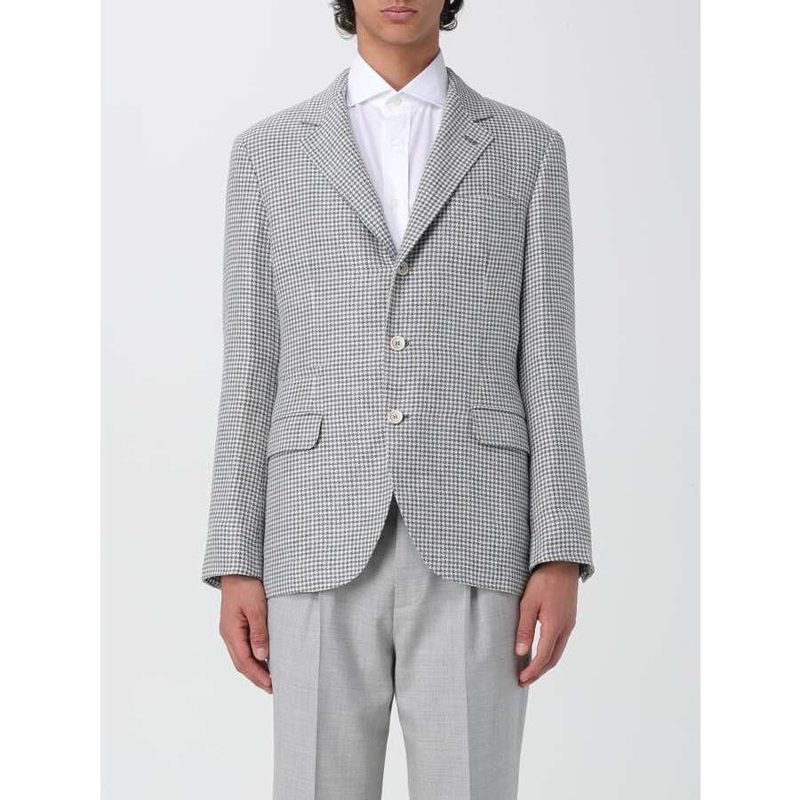 Brunello Cucinelli Grey Wool Blend Houndstooth Blazer_Grey