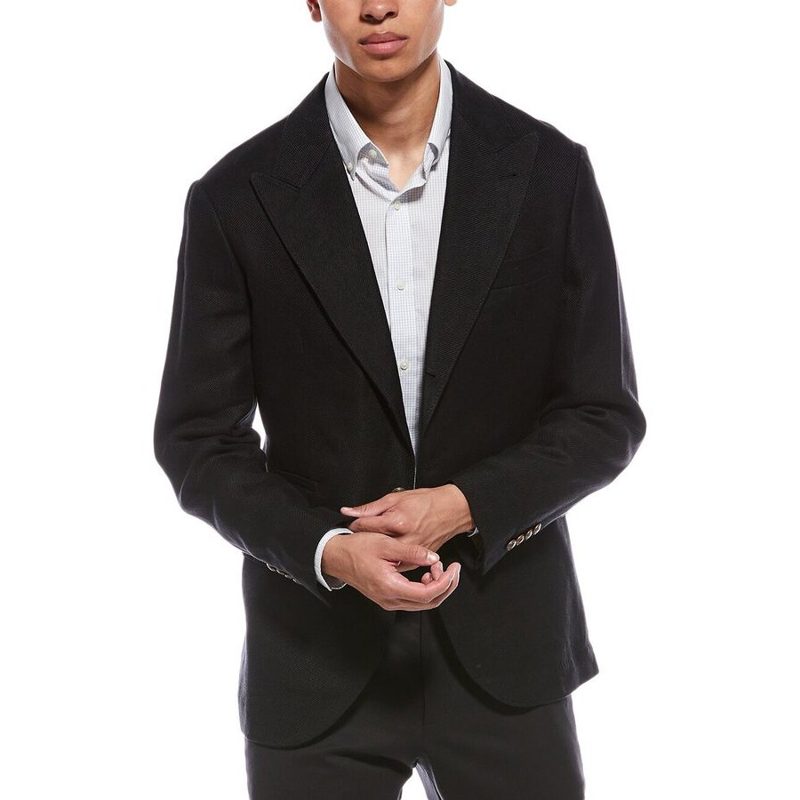 Brunello Cucinelli Black Linen Wool Deconstructed Blazer_Black