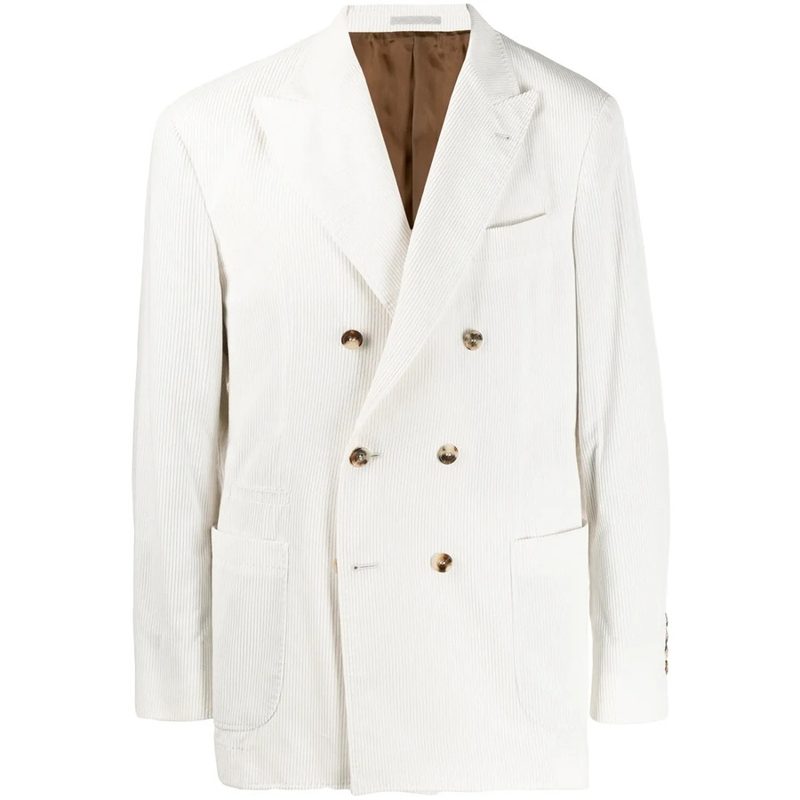 Brunello Cucinelli White Double-Breasted Corduroy Blazer_White