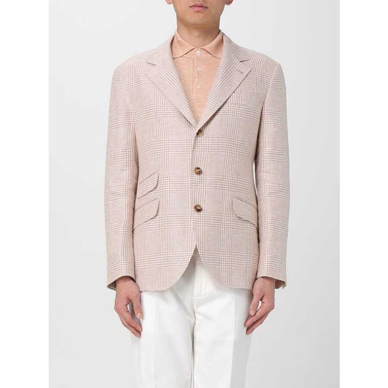 Brunello Cucinelli Papaya Linen Wool Plaid Blazer_Beige