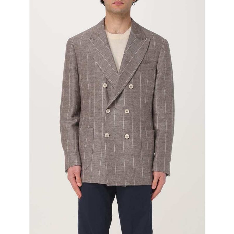 Brunello Cucinelli Bark Linen Wool Double-Breasted Blazer_Brown
