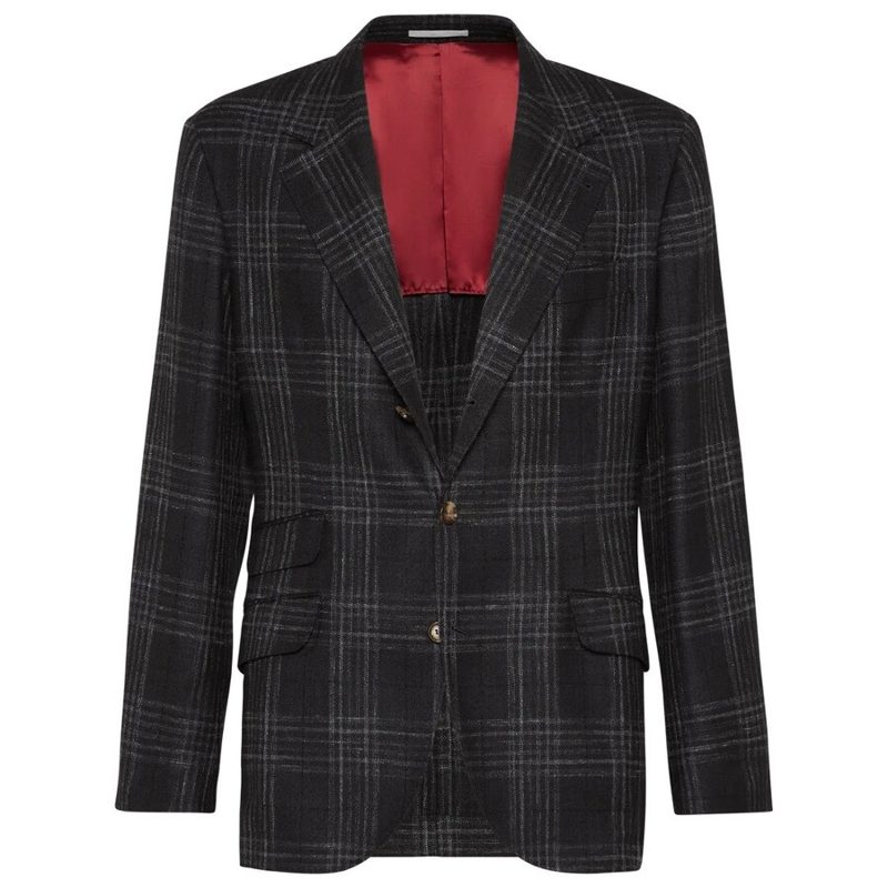 Brunello Cucinelli Anthracite Wool Silk Linen Plaid Blazer_Grey