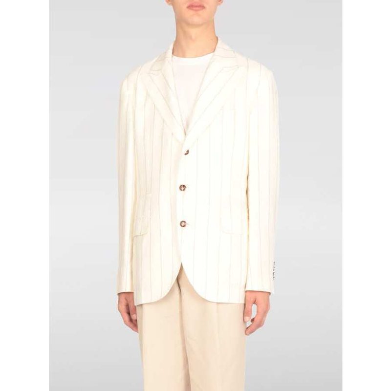 Brunello Cucinelli Cream Pinstripe Linen Blend Blazer_Beige