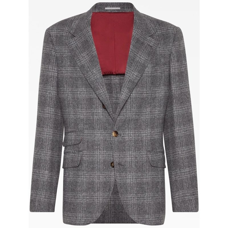 Brunello Cucinelli Medium Grey Plaid Deconstructed Blazer_Grey