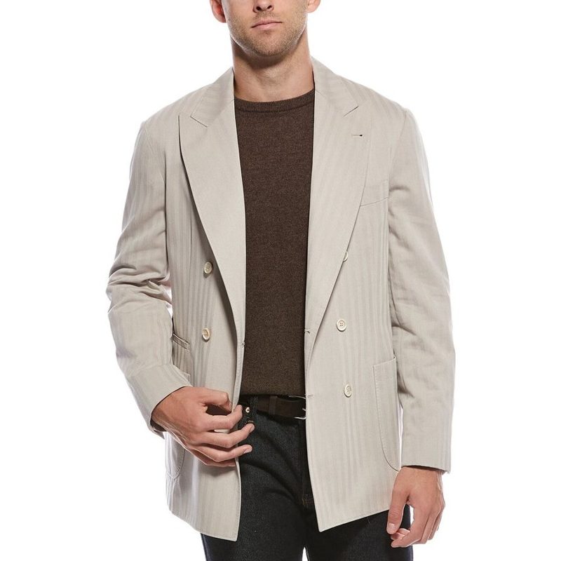 Brunello Cucinelli Beige Double-Breasted Striped Blazer_Beige