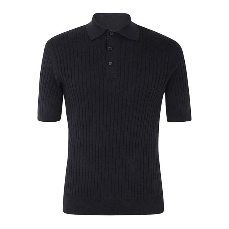 Brunello Cucinelli Navy Cotton Ribbed Polo Sweater_Navy