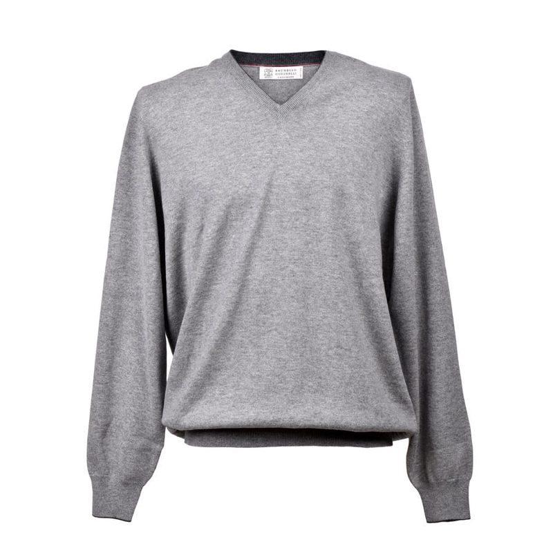 Brunello Cucinelli Gray Cashmere V-Neck Pullover Sweater_Grey