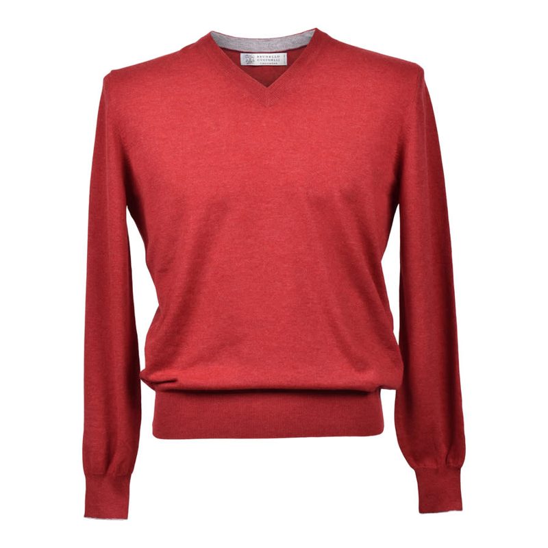 Brunello Cucinelli Red Cashmere V-Neck Sweater_Red