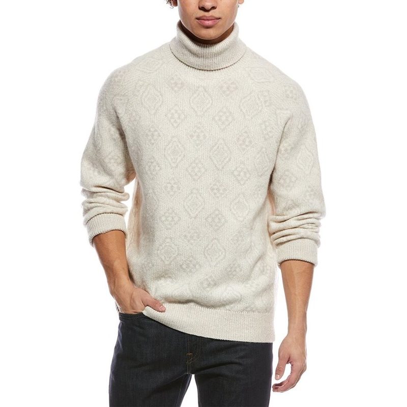 Brunello Cucinelli Cream Wool Turtleneck Patterned Sweater_Beige