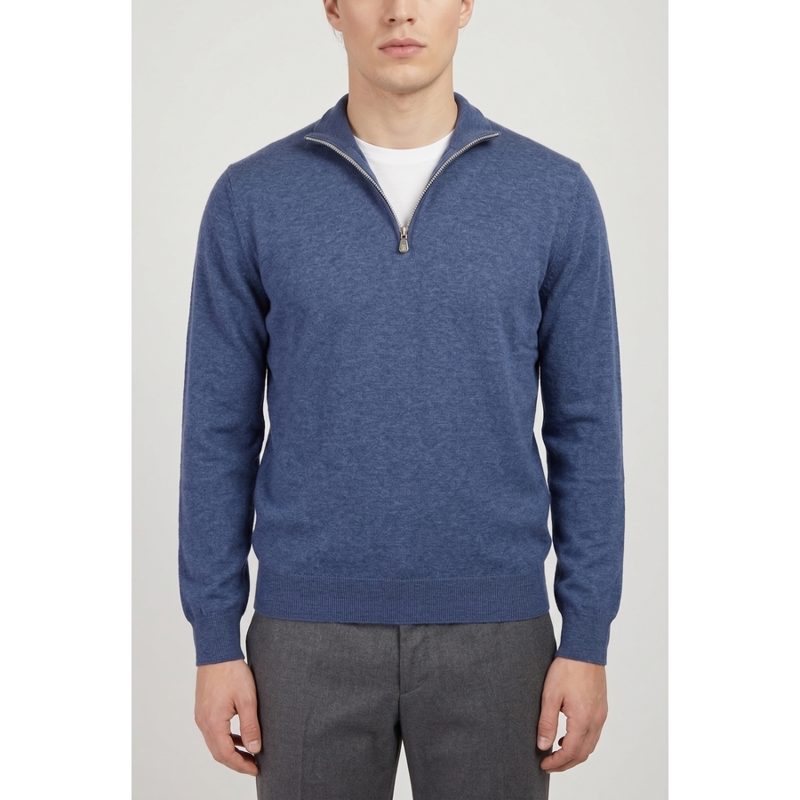 Brunello Cucinelli Blue Wool Zip Sweater_Blue