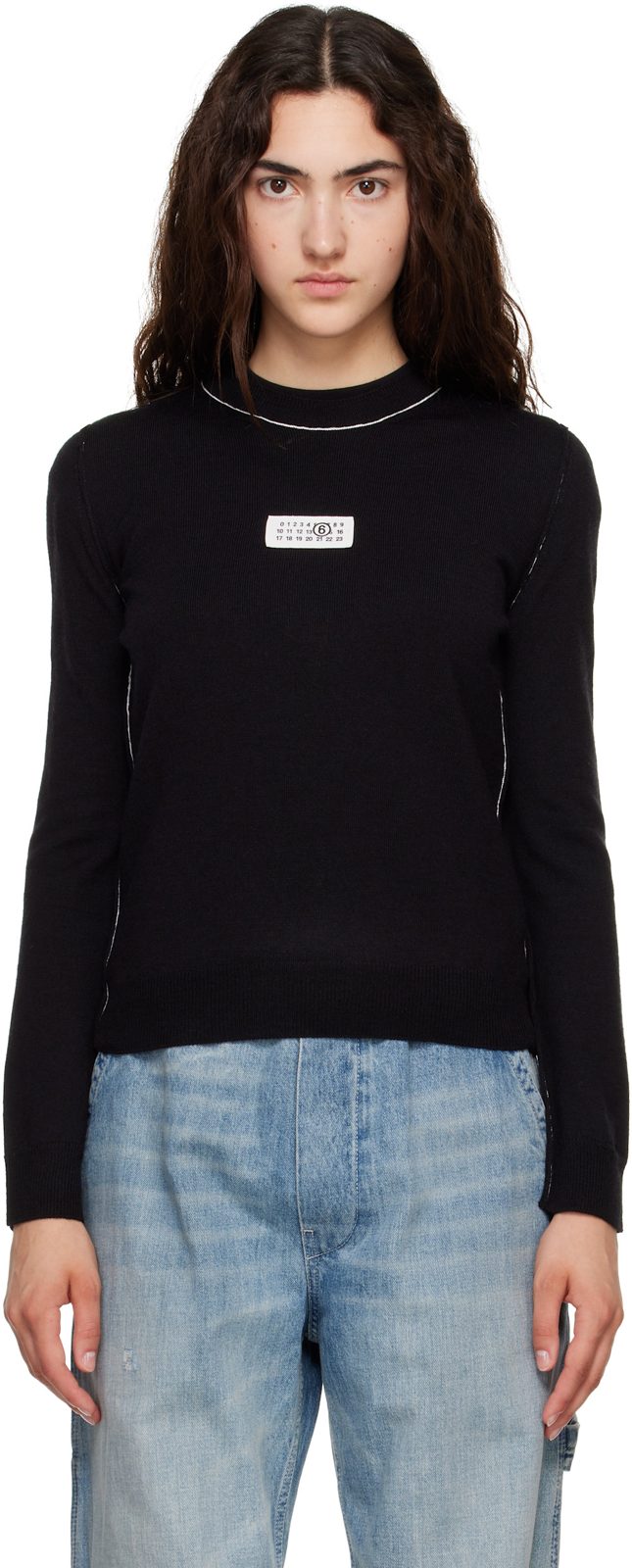 Black Contrast-Trimmed Wool Blend Knit Sweater 262188F096002
