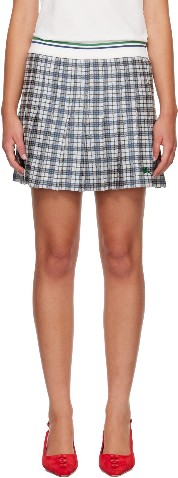 White & Navy Pleated Check Tennis Miniskirt 262376F090000