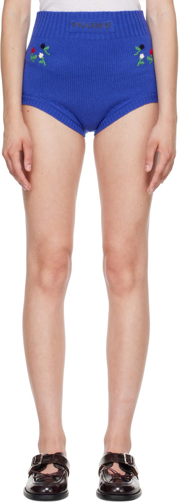 Marni Blue Wool-Cashmere Flower Embroidery Brief Shorts 262379F088001