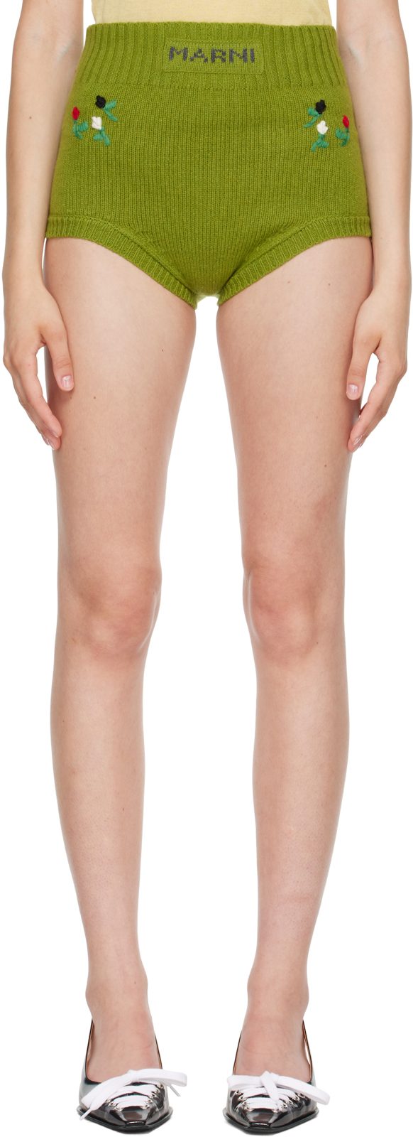 Marni Green Wool-Cashmere Flower Embroidery Brief Shorts 262379F088000