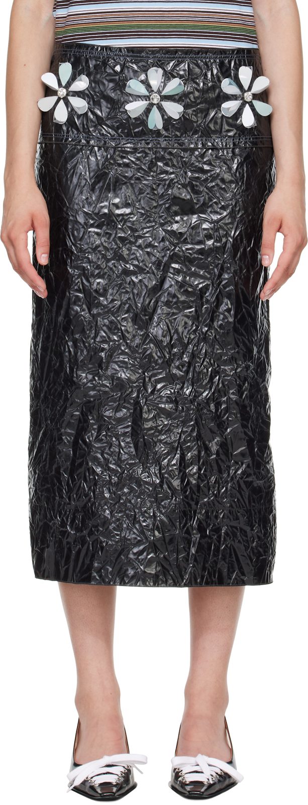 Marni Black Daisy Details Crinkled Midi Skirt 262379F092003