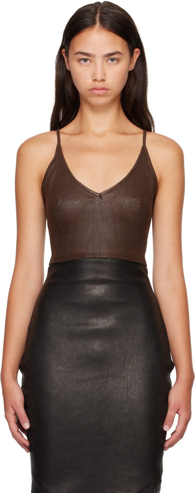 Brown Tower Stretch Leather Top 262232F111006