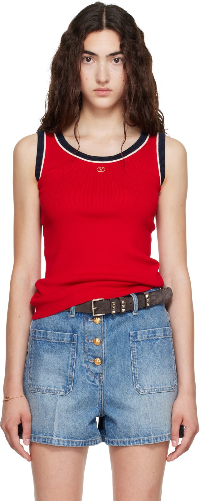 Red Knit Cotton VLogo Tank Top 262476F111002
