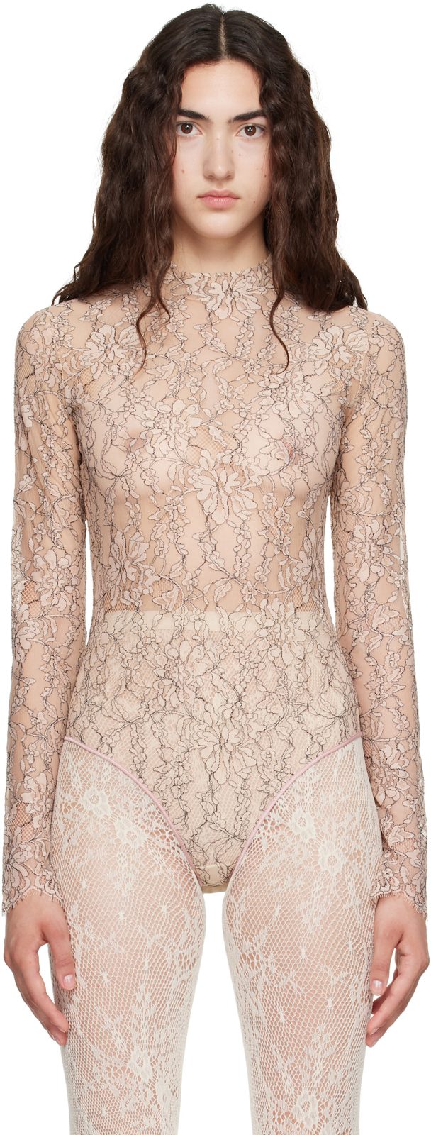 Beige Floral Lace Bodysuit 262476F358001