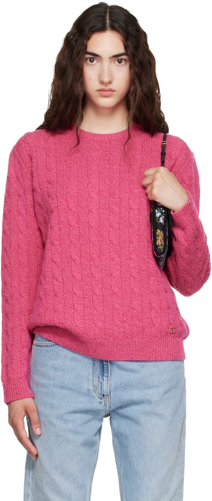 Pink Cable-Knit Wool Sweater 262476F096000