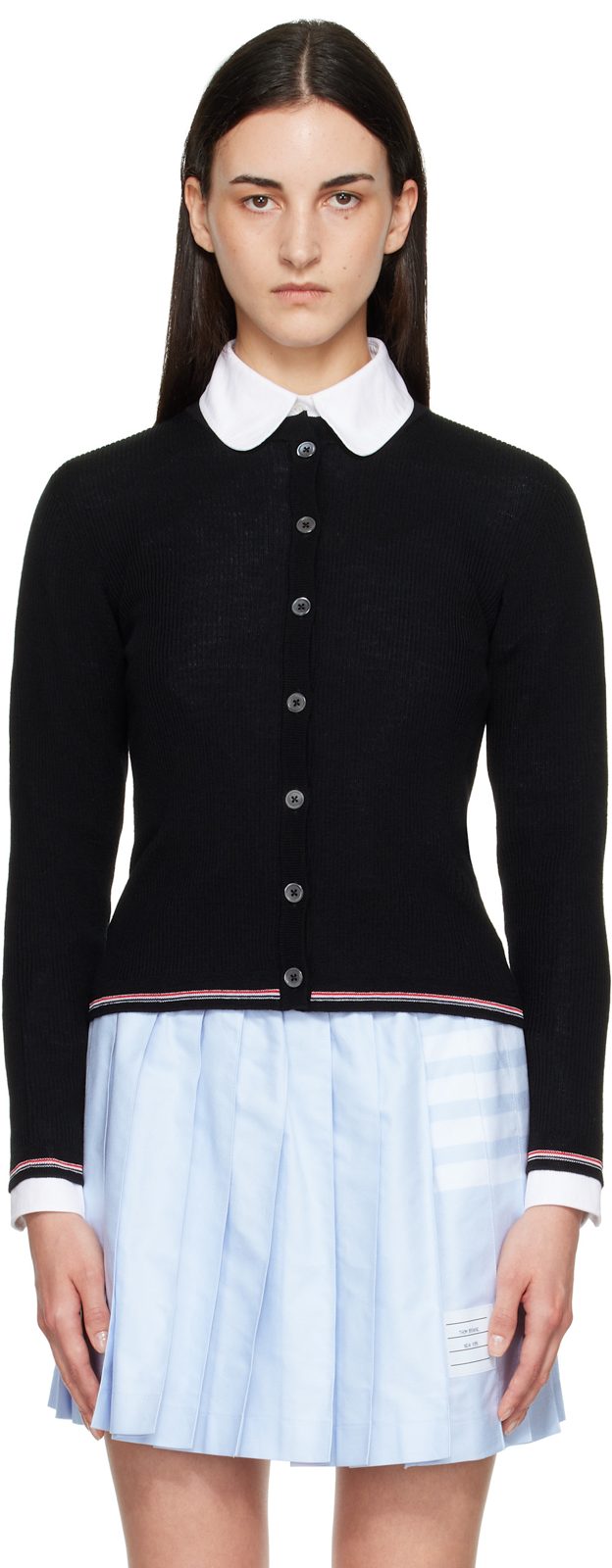 Black Rib Stitch Crew Neck Merino Wool Cardigan 262381F095005