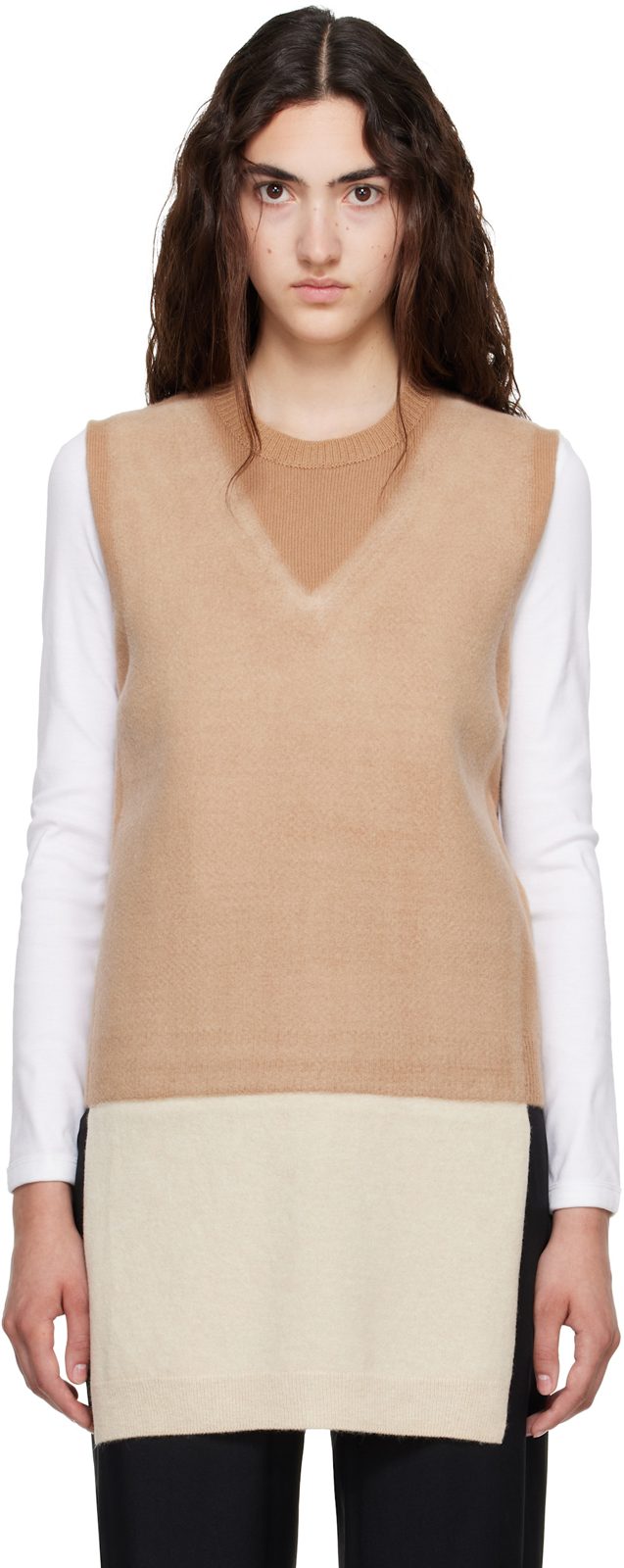 Tan & Beige Fused Knit Vest 262168F096000