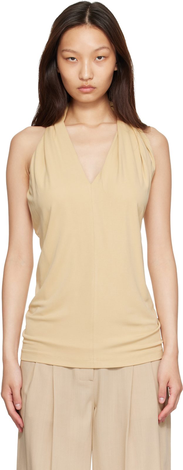 TOTEME Beige Twisted Jersey Halter Top 262771F111000