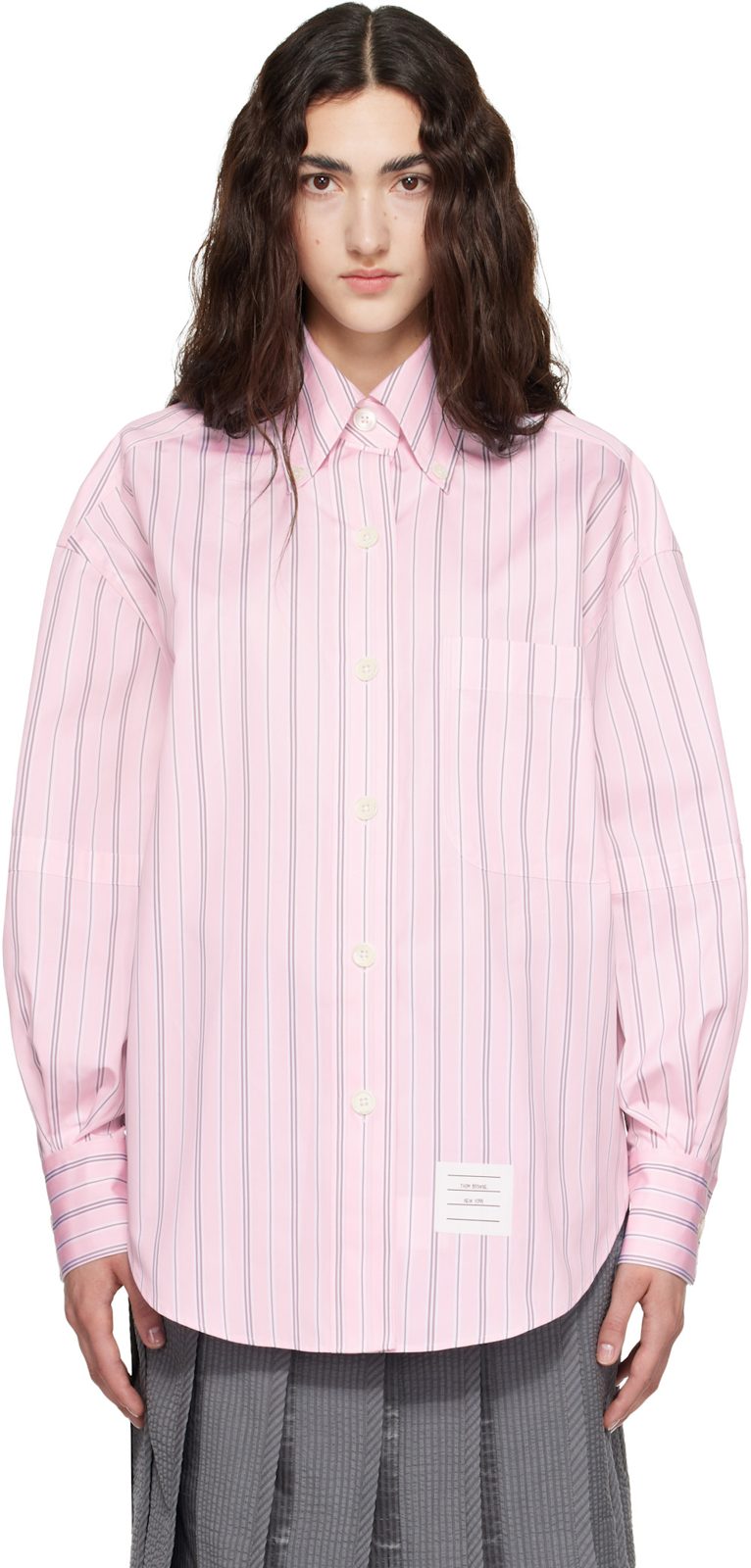 Pink Hairline Stripe Poplin Supersized Shirt 262381F109002