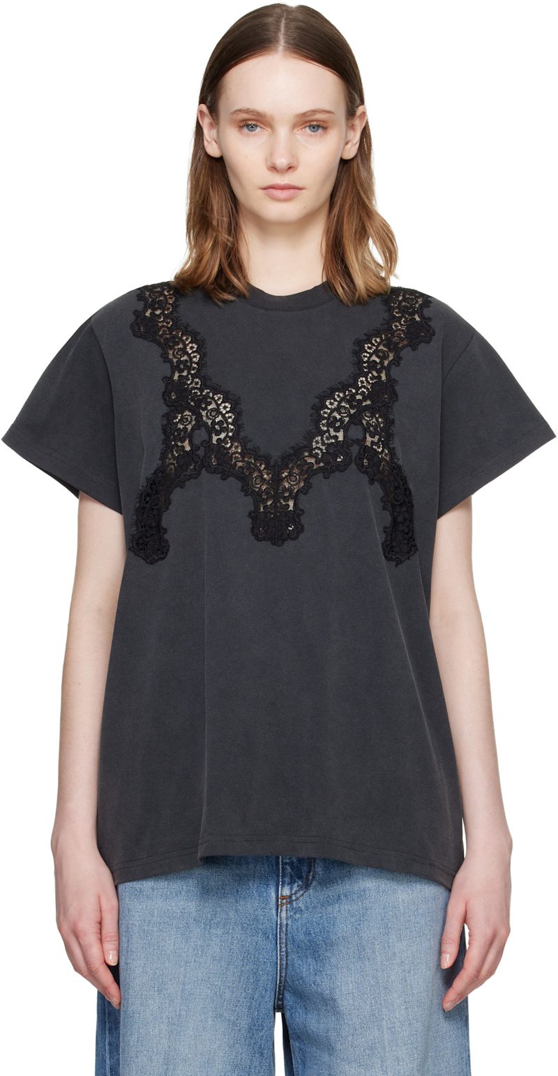 Black Lace Mix Washed Jersey Cotton T-shirt 262471F110002