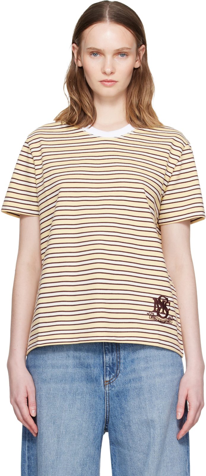 Yellow & Brown Fancy Stripe Crest Embroidery T-shirt 262471F110004