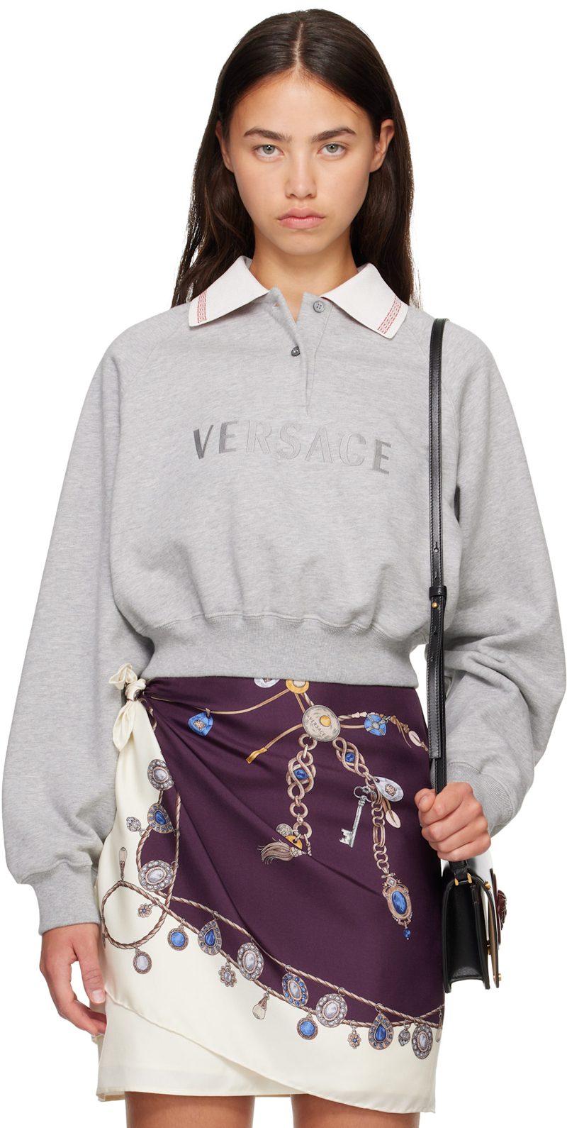 Gray Heavy Soft Fleece Greca Details & Logo Sweatshirt 262404F098000
