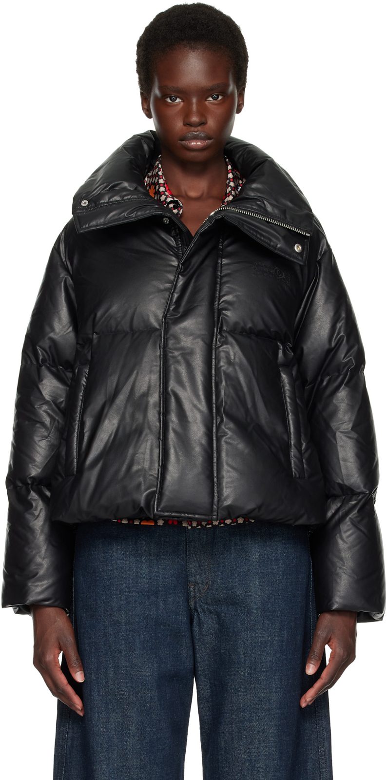 Black Padded Faux-Leather Down Jacket 262188F061001