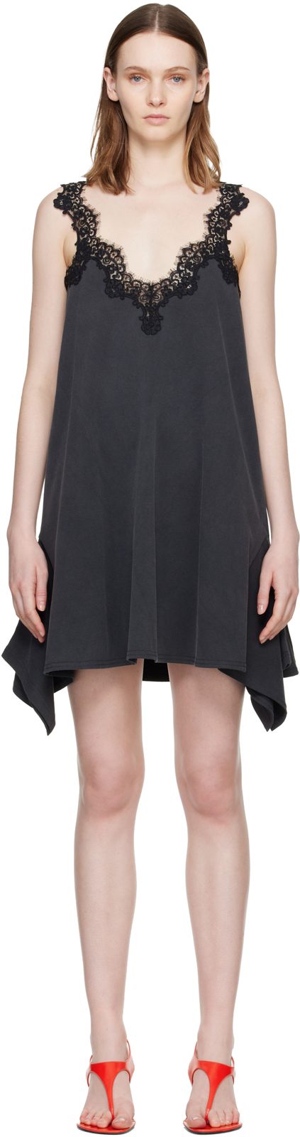 Black Lace Mix Washed Jersey Cotton Minidress 262471F052000