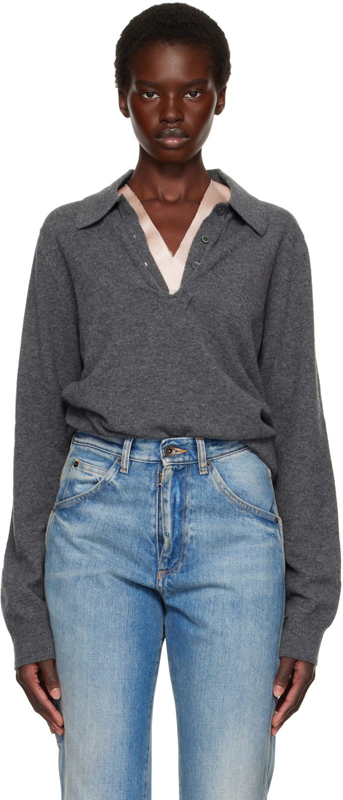 Gray Draped Collar Wool Polo 262168F108000