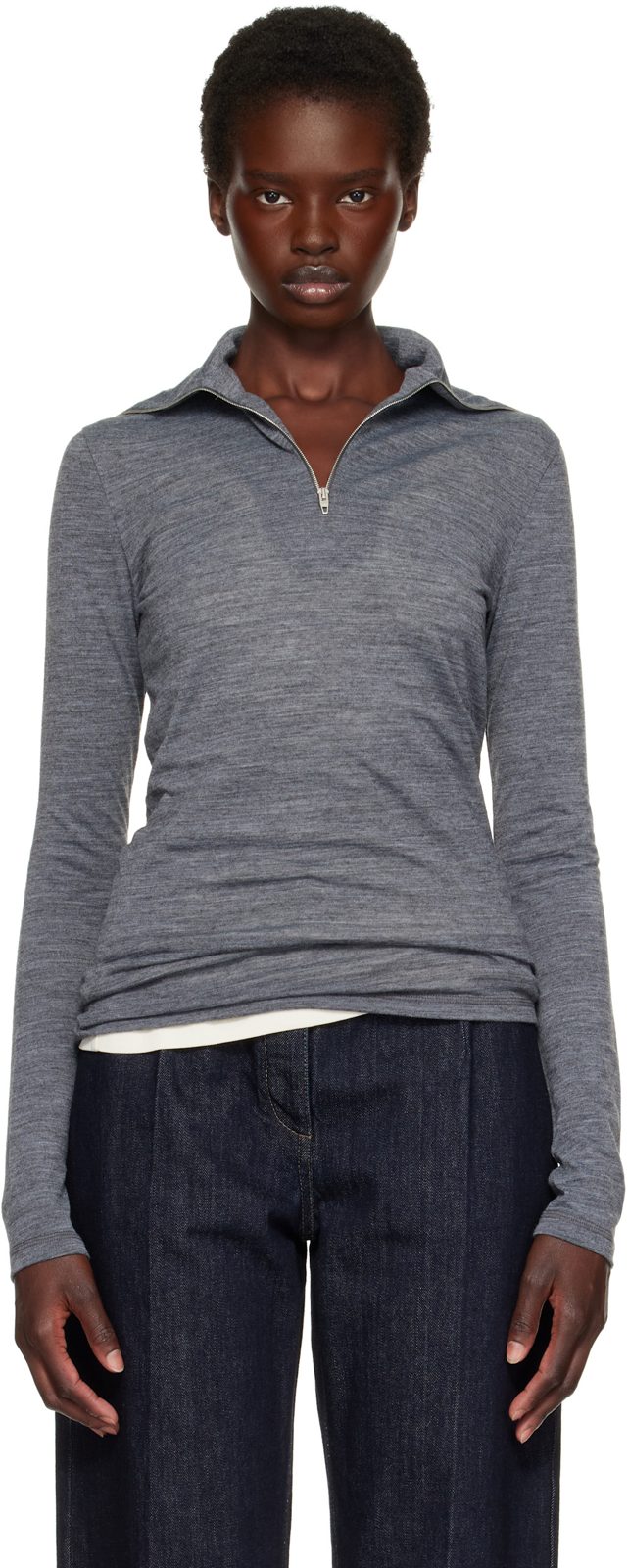 Gray Wool Half Zip Polo 262249F099003
