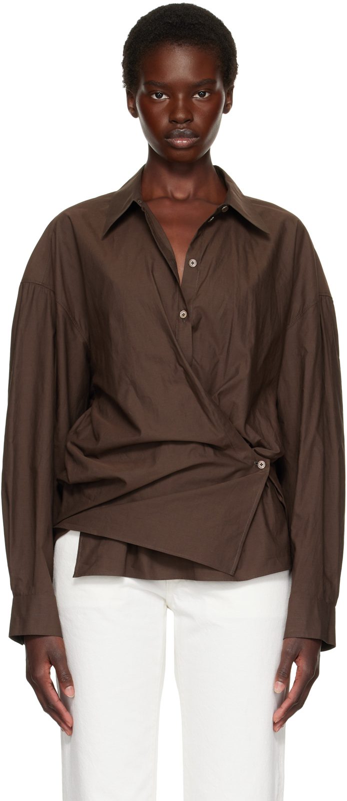 Brown Straight Collar Twisted Shirt 262646F109006