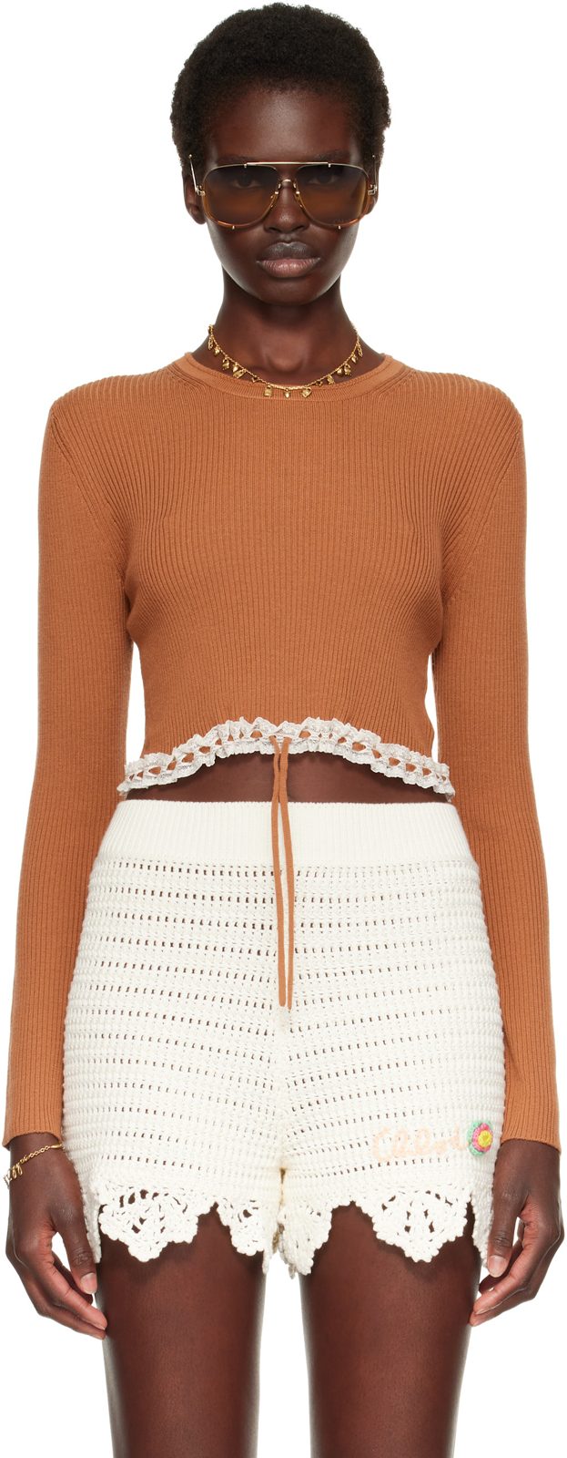 Chloe Brown Cropped Fitted Sweater 262338F096002